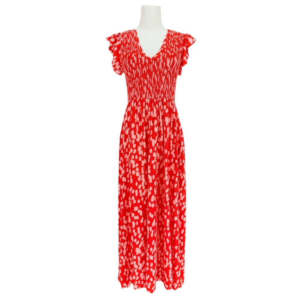 Mister Zimi Della Smocked Maxi Dress Sangria Coral Rain Size 6 Spring Vacation